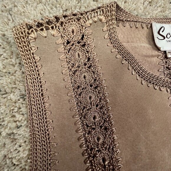 VTG DEADSTOCK SCULLY Leather Vest Button Up Intricate Knit Women’s Button Top - Picture 4 of 13